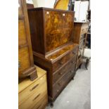 CIRCA 1930's BURR WALNUTWOOD TALLBOY CHEST, RAISED ON CABRIOLE FRONT SUPPORTS