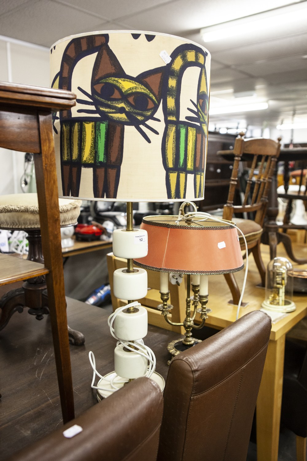 A STYLISH LATE 60's/ EARLY 1970's ELECTRIC TABLE LAMP WITH ORIGINAL FABRIC SHADE AND ANOTHER BRASS