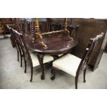 A MODERN REPRODUCTION CHIPPENDALE REVIVAL DINING ROOM SUITE VIZ DINING TABLE AND SIX CHAIRS, WITH