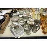 KNIGHTHOOD PLANISHED PEWTER TEA SET OF FOUR PIECES, ON LOZENGE SHAPED TWO HANDLE TRAY, SET OF SIX