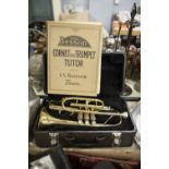 UNBRANDED GILT METAL CORNET WITH MOUTHPIECE AND IMPLEMENT IN BLACK PLUSH LINED BOX, TOGETHER WITH