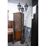 OUTDOOR LAMP WITH TIFFANY STYLE THREE GLASS LIGHT FITTING ON TALL COLUMN STAND