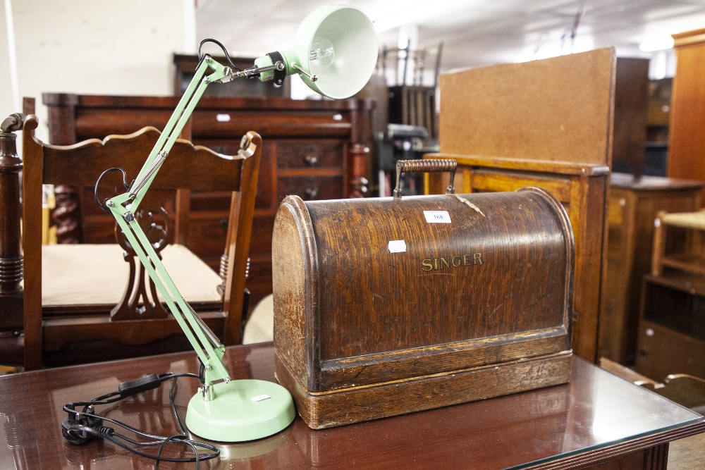 SINGER SEWING MACHINE IN DOME TOP CASE AND A MODERN METAL ANGLEPOISE DESK LAMP (2)