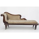 VICTORIAN CARVED ROSEWOOD CHAISE LONGUE, the scroll end with moulded back rail and scroll carved