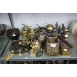 SELECTION OF ORIENTAL METALWARES VARIOUS TO INCLUDE; CAST AND POLISHED METAL MIRROR WITH CANE