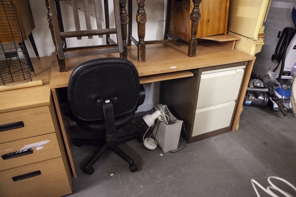 A MODERN DESK, WITH SLIDE OUT SHELF, DESK CHAIR, TWO DRAWING FILING CABINET, SHREDDER AND A DESK