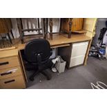 A MODERN DESK, WITH SLIDE OUT SHELF, DESK CHAIR, TWO DRAWING FILING CABINET, SHREDDER AND A DESK