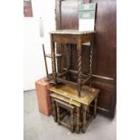 A NEST OF THREE OAK TABLES, ALSO AN OAK STANDARD LAMP, A LLOYD LOOM LINEN RECEIVER AND AN OAK BARLEY