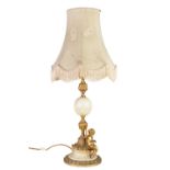 ALABASTER AND GILT METAL MOUNTED LARGE TABLE LAMP, modelled with a seated putti holding a trident to
