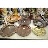 ART NOUVEAU EMBOSSED COPPER OBLONG TRAY, 23 1/4" X 9 1/2", TWO PAIRS OF ARTS AND CRAFTS DESIGN BRASS