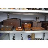 A SELECTION OF DIVERSE BOXES INCLUDING; TWO VICTORIAN ROSEWOOD AND MAHOGANY SARCOPHAGUS TEA CADDIES,