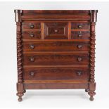 VICTORIAN MAHOGANY AND FLAME CUT MAHOGANY LARGE SCOTTISH CHEST OF DRAWERS, the oblong top with