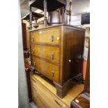 A 1930's SMALL OAK CHEST OF DRAWERS, ALSO A PAIR OF BEECHWOOD PLANT STANDS