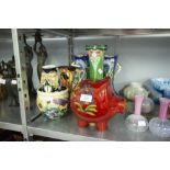 SIX VARIOUS POTTERY VASES, WITH TUBE LINED DECORATION AND A SIMILAR PLANT POT AND A LARGE GERMAN RED