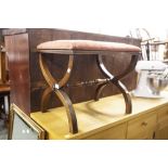 GEORGIAN STYLE MAHOGANY OBLONG STOOL WITH 'X' SHAPED SUPPORTS, AND A GILT FRAMED OBLONG WALL