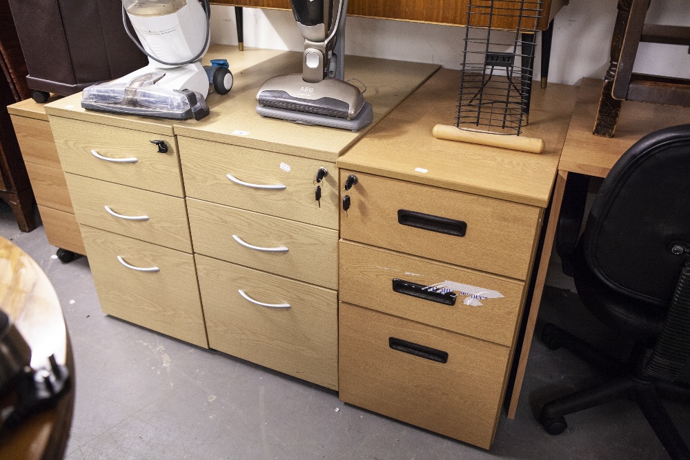 FOUR VARIOUS DESK PEDESTALS OF THREE DRAWERS