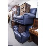 A THREE PIECE LOUNGE SUITE IN BLUE HIDE LEATHER INCLUDING; TWO SEATER SETTEE, ARMCHAIR AND FOOTSTOOL