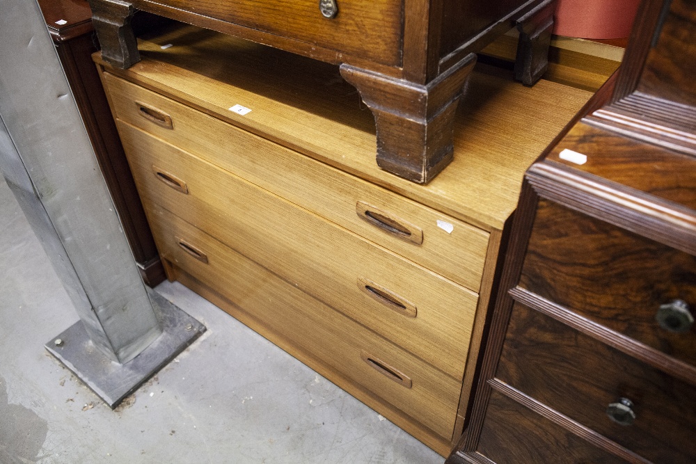 A MODERN TEA THREE DRAWER CHEST OF DRAWERS, ALSO AN OAK SEWING TABLE AND A BEECHWOOD CORNER CHAIR (