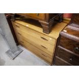 A MODERN TEA THREE DRAWER CHEST OF DRAWERS, ALSO AN OAK SEWING TABLE AND A BEECHWOOD CORNER CHAIR (