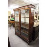 AN EARLY TWENTIETH CENTURY MAHOGANY LIBRARY BOOKCASE WITH TWO PLAIN GLAZED DOORS, ENCLOSING THREE