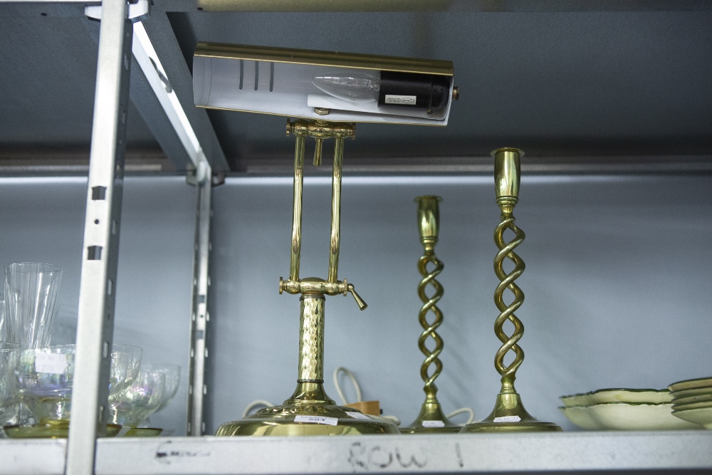 BRASS ADJUSTABLE DESK LAMP on semi lobed broad circular base, AND A PAIR OF BRASS OPEN SPIRAL