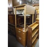 A TEAK TWO DRAWER FILING CABINET AND A KITCHEN FALL LEAF TABLE WITH WOOD EFFECT TOP