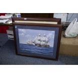 AFTER MONTAGUE DAWSON TWO LARGE COLOUR PRINTS Warships under sail, Both framed and glazed, (2)