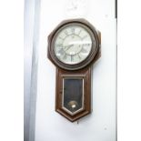 LATE VICTORIAN STAINED WOOD DROP DIAL WALL CLOCK WITH WHITE DIAL (GLASS DETACHED BUT PRESENT)