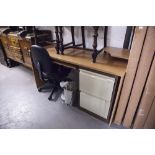 A MODERN DESK, WITH SLIDE OUT SHELF, DESK CHAIR, TWO DRAWING FILING CABINET, SHREDDER AND A DESK