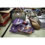 TWO SAMSONITE SMALL TRAVEL BAGS, A DESENYO BUNTAL HAND BAG AND DOLLAND DEVAUX LAP TRAY AS NEW,