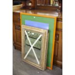 OBLONG GILT FRAMED WALL MIRROR AND THREE ART WORKS (4)