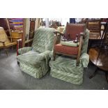 A PAIR OF MANUAL RECLINING LOUNGE CHAIRS, IN GREEN VELVET AND A BOX STOOL UPHOLSTERED TO MATCH