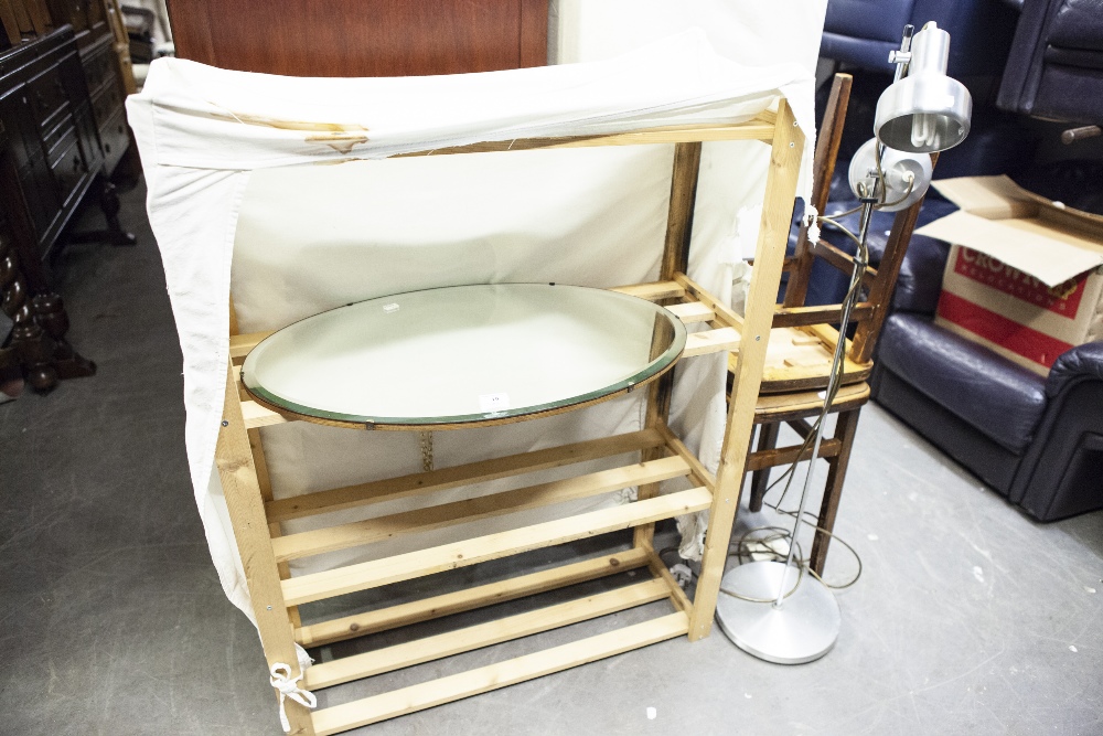 TWO STAINED WOOD KITCHEN STOOL WITH SQUARE TOP, A TUBULAR METAL GILT TEA TROLLEY, A FRAME LESS