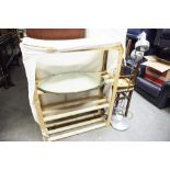 TWO STAINED WOOD KITCHEN STOOL WITH SQUARE TOP, A TUBULAR METAL GILT TEA TROLLEY, A FRAME LESS