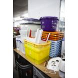 A QUANTITY OF PLASTIC STORAGE SKIPS, VARIOUS SIZES, LINEN BASKETS, WINE RACK