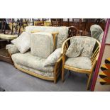 ERCOL ELM COTTAGE STYLE TWO SEATER SETTEE, WITH GREEN AND FAWN TAPESTRY LOOSE CUSHIONS, MATCHING TUB