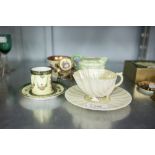 BELLEEK CHINA CREAM JUG; BELLEEK CHINA SHELL PATTERN CUP (A.F.) AND SAUCER, TWO SMALL CABINET CUPS