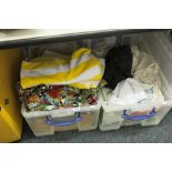 A LARGE QUANTITY OF VINTAGE LADIES CLOTHING (CONTENTS OF TWO PLASTIC SKIPS AND A SUITCASE)