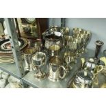 SET OF ENGRAVED EP WINE GOBLETS with waisted stems, TWO PINT TANKARDS, TWO PAIRS OF STEM WINE