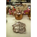 AN ANTIQUE COPPER KETTLE, A SILVER TOAST RACK, AN EP TOAST RACK AND AN EP. LEAF SHAPED BON BON DISH