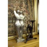 MODERN CAST PLATED METAL ABSTRACT STATUE, TWO EMBRACING FIGURES, SQUARE PLINTH BASE, 1' 10" HIGH AND