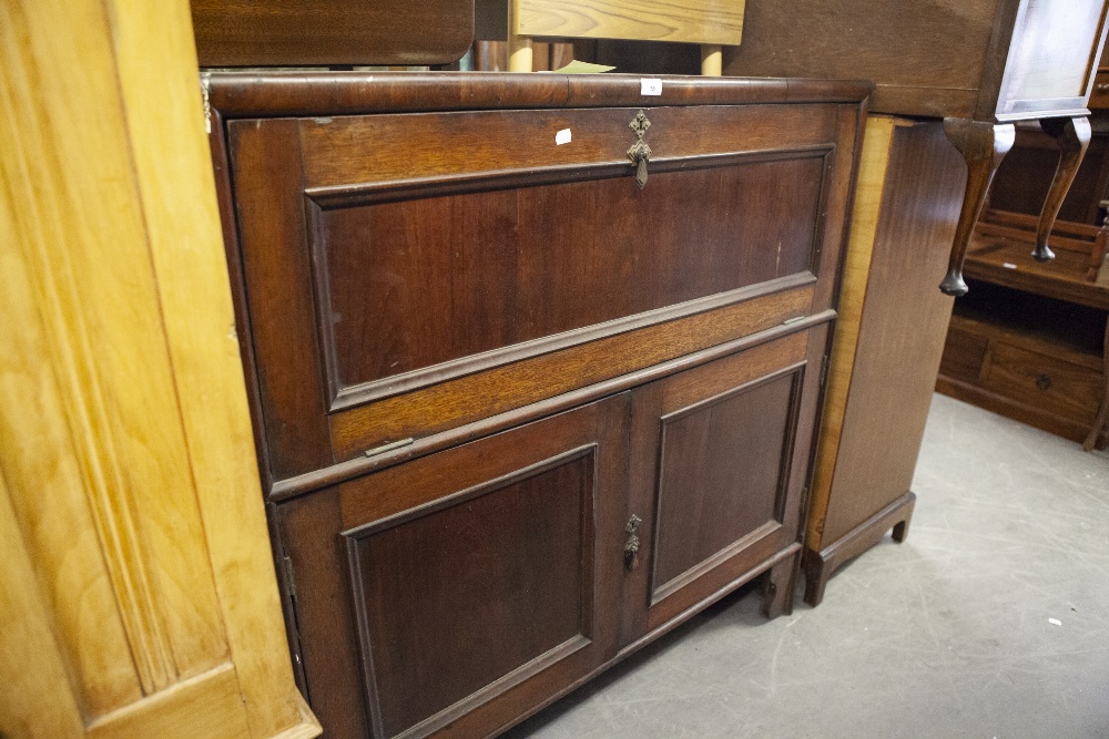 LATE 19th CENTURY MAHOGANY SECRETAIRE WITH FALL-FRONT OVER CUPBOARDS, INTERIOR DRAWERS WITH RECESSED