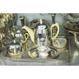 'EVERHOT' STYLE POTTERY TEA SET OF 3 PIECES, with plated metal removable covers, AN EP OBLONG