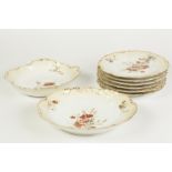 EIGHT PIECE LIMOGES CHINA DESSERT SERVICE FOR SIX PERSONS, floral printed within moulded blush and