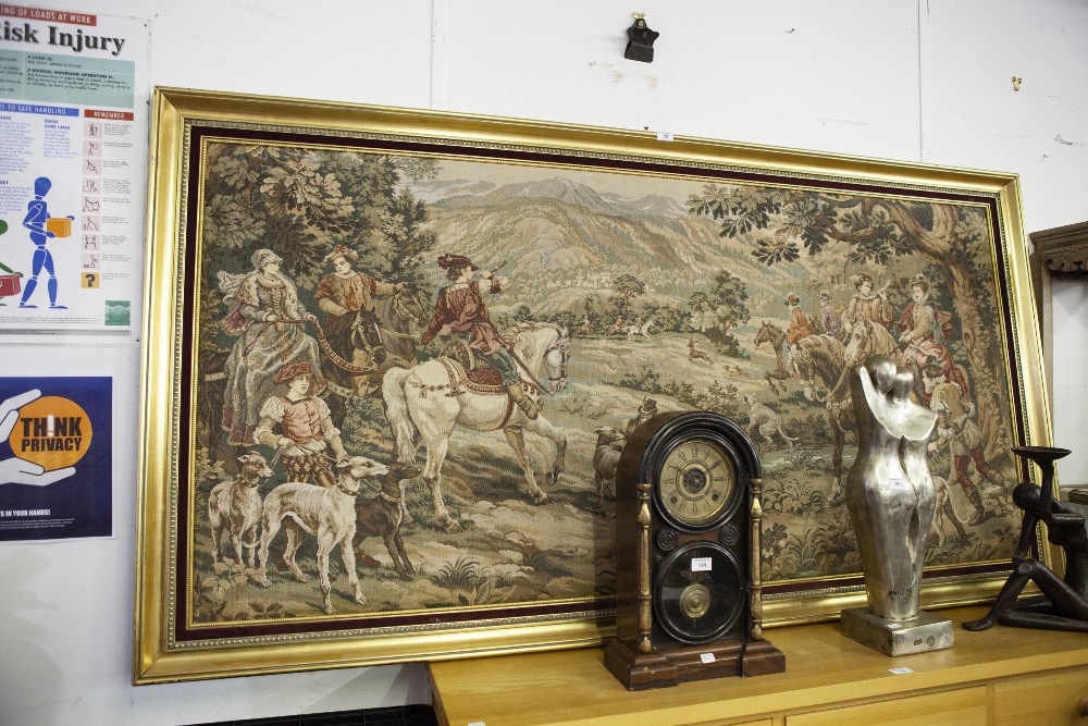 VERY LARGE WOOL SAMPLER, 'BEFORE THE HUNT', IN GILT FRAME