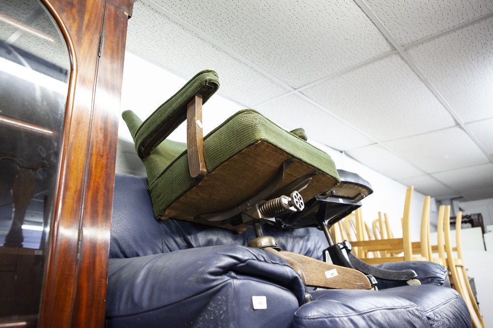 METAL FRAMED OFFICE SWIVEL CHAIR WITH PADDED BACK AND SEAT AND FOUR SPUR BASE AND A LATER WOOD