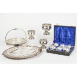 FIVE DIVISION CUT GLASS OVAL HORS D'OUVRES DISH, with electroplated holder and four forks,