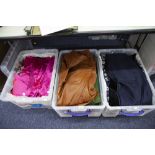 THREE BOXES OF LADY'S CLOTHES, TO INCLUDE; DRESSES, COATS ETC...