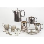 MIXED LOT OF ELECTROPLATE, comprising: THREE PIECE HOTEL PLATED TEA SET, SALT AND PEPPER POTS, 1