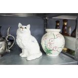 BESWICK POTTERY MODEL OF A CAT AND MALING VASE , EMBOSSED WITH FLOWERS